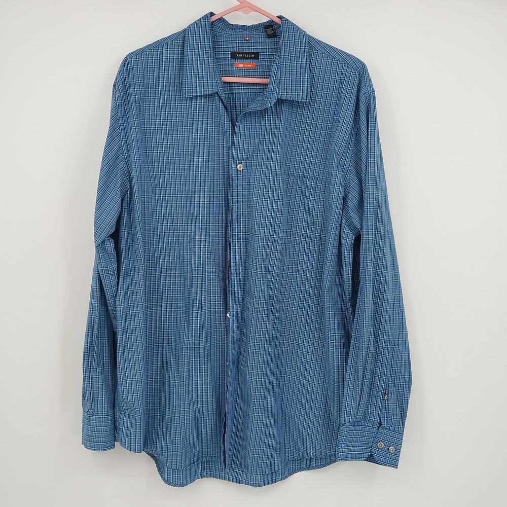 Van Heusen Traveler Plaid Button-Up Shirt Blue Men's XL 17–17.5 Long Sleeve
